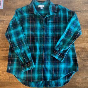 Ladies Old Navy Boyfriend Flannel Shirt Dark Green Plaid Size Large Like New!